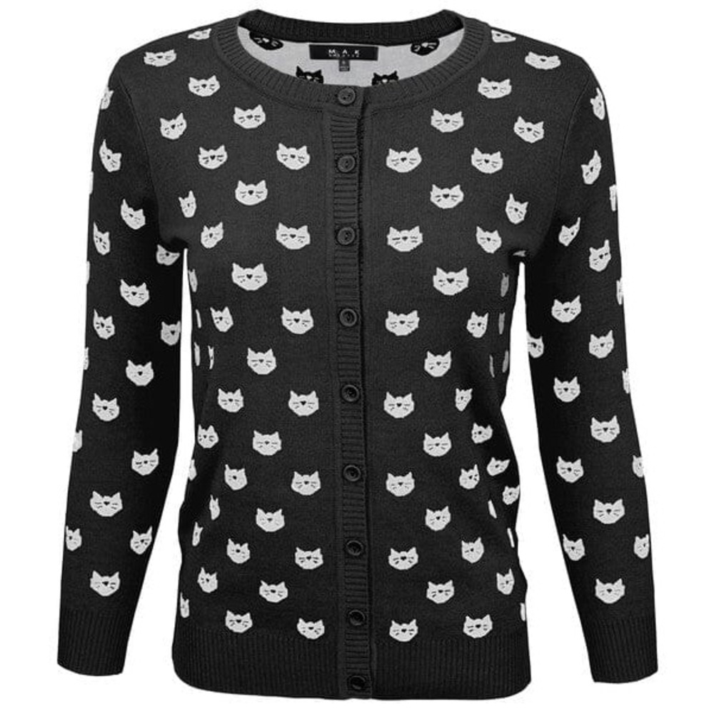 YE MAKE ROUND NECK BLACK AND WHITE CAT PATTERNED CARDIGAN SWEATER MEDIUM - Picture 2 of 12